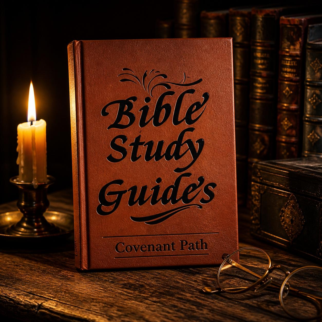 Covenant Path Bible Study Guides on a candlelit desk