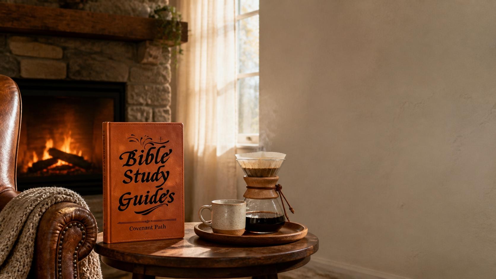 Bible Study Guides by the fireplace with coffee