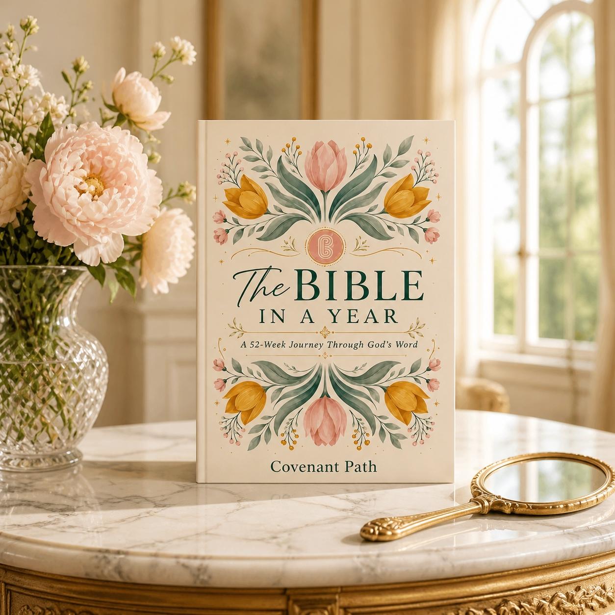 The Bible in a Year by Covenant Path on a marble table with flowers
