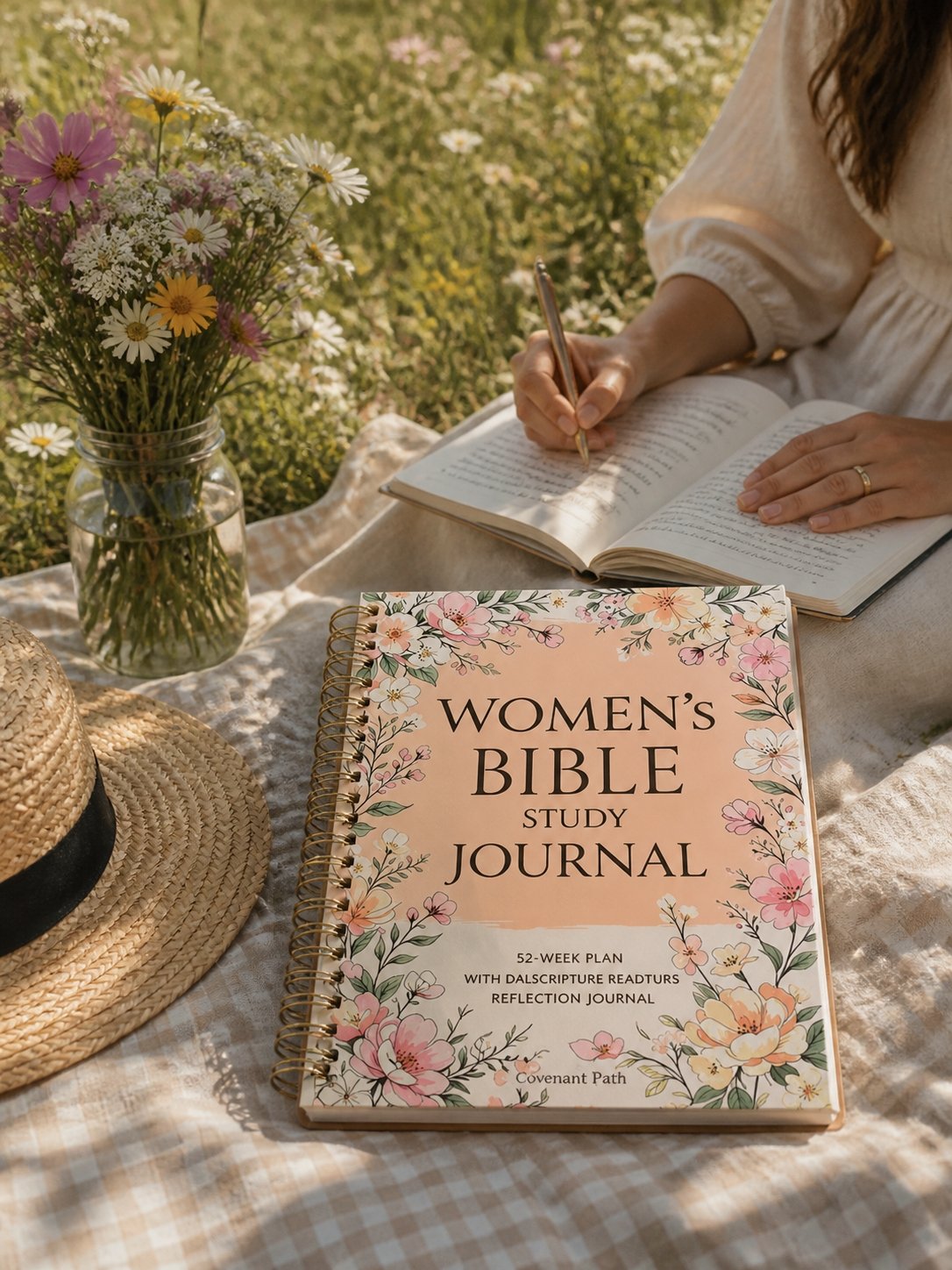 Writing in the Women's Bible Study Journal outdoors
