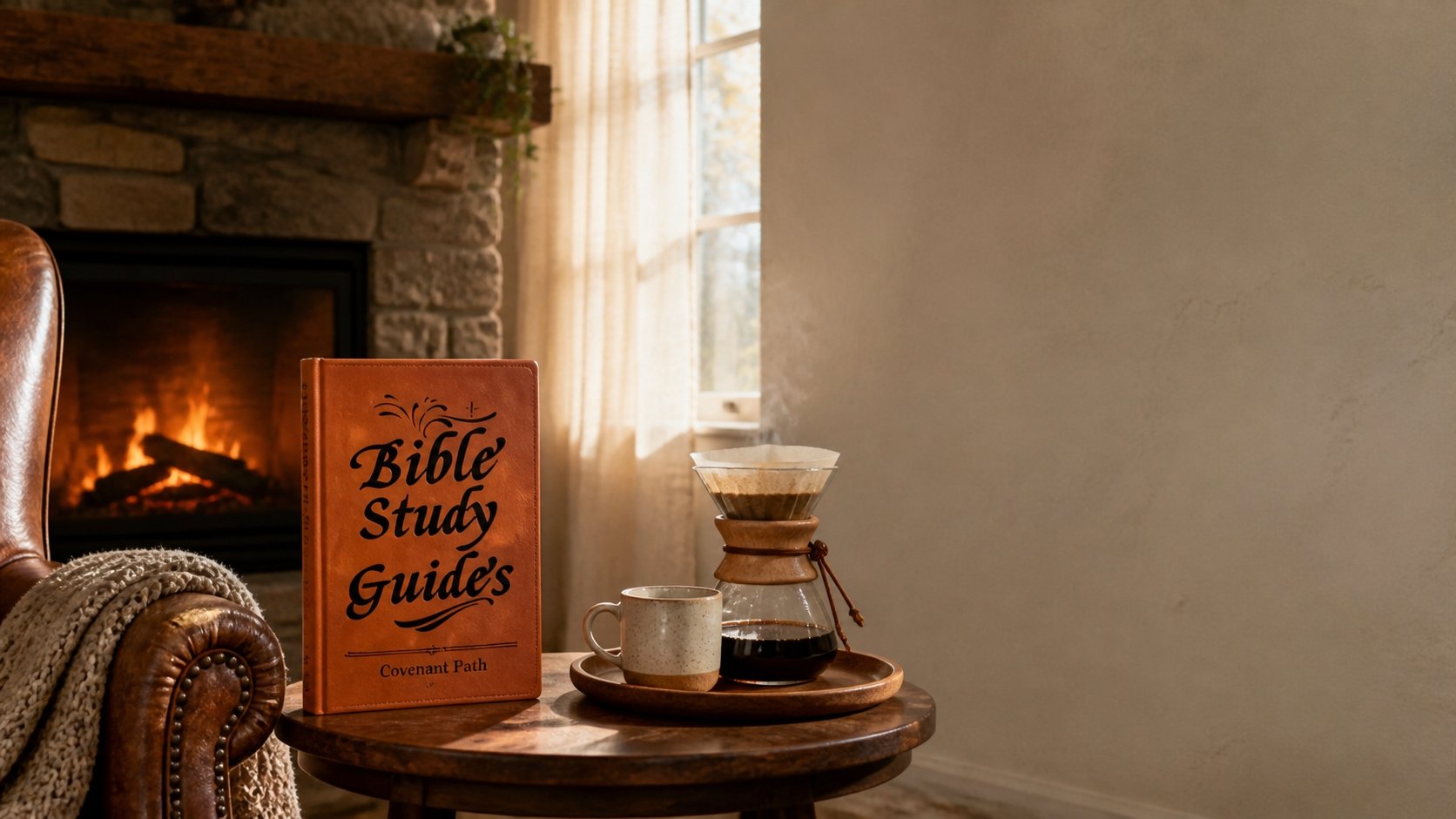 Bible Study Guides by the fireplace with coffee