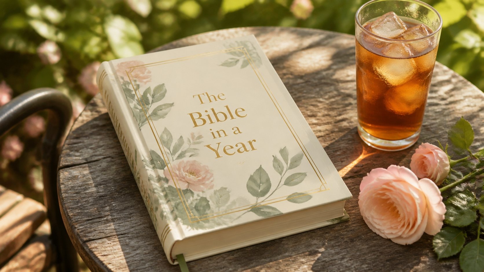 The Bible in a Year in a garden with tea