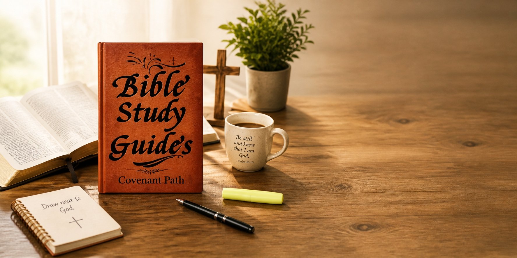 Bible Study Guides on a sunny desk beside an open Bible, a journal and a mug of coffee