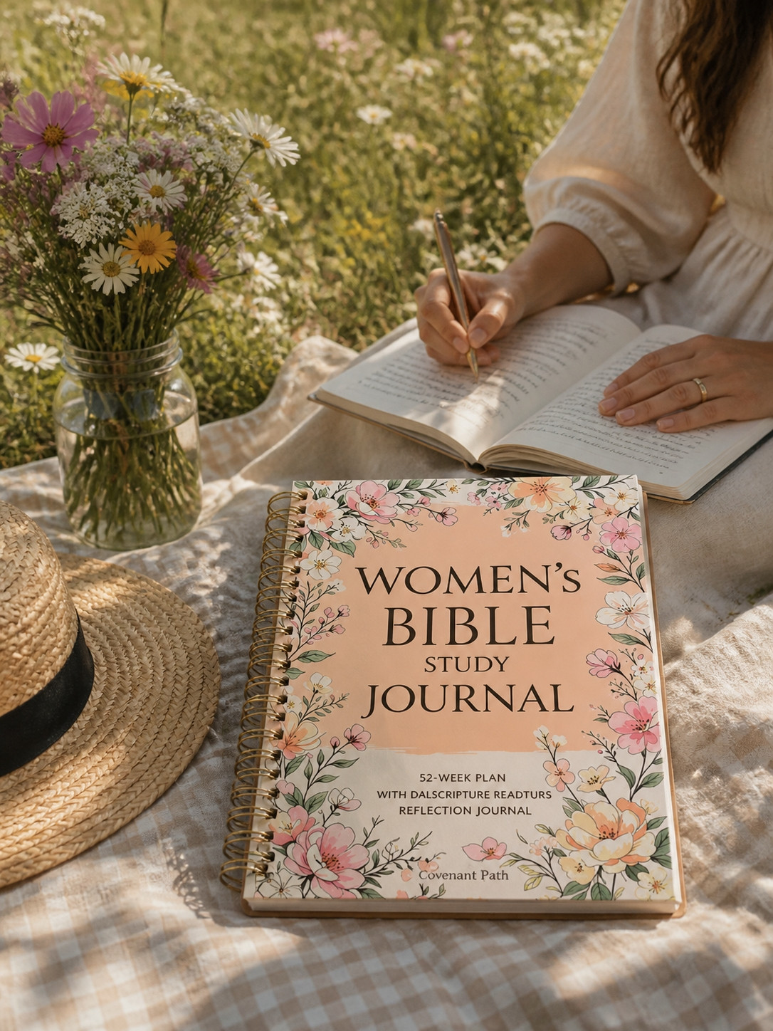 Writing in the Women's Bible Study Journal outdoors