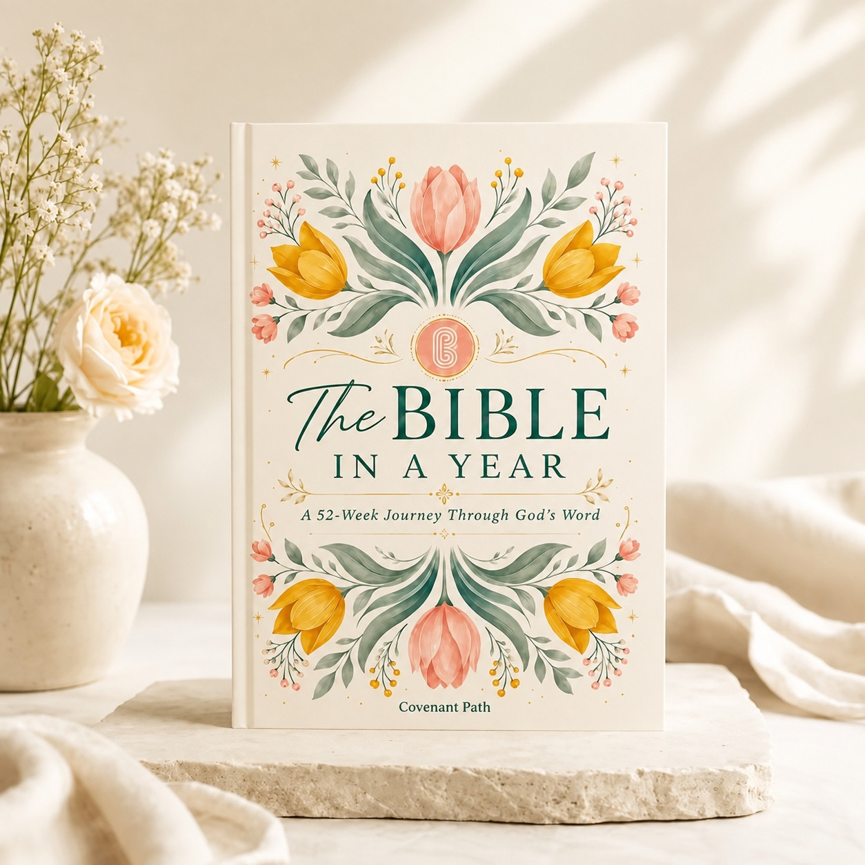 The Bible in a Year on a sunlit table