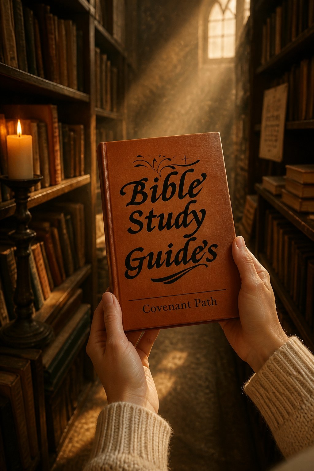 Hands holding the Bible Study Guides in a sunlit library