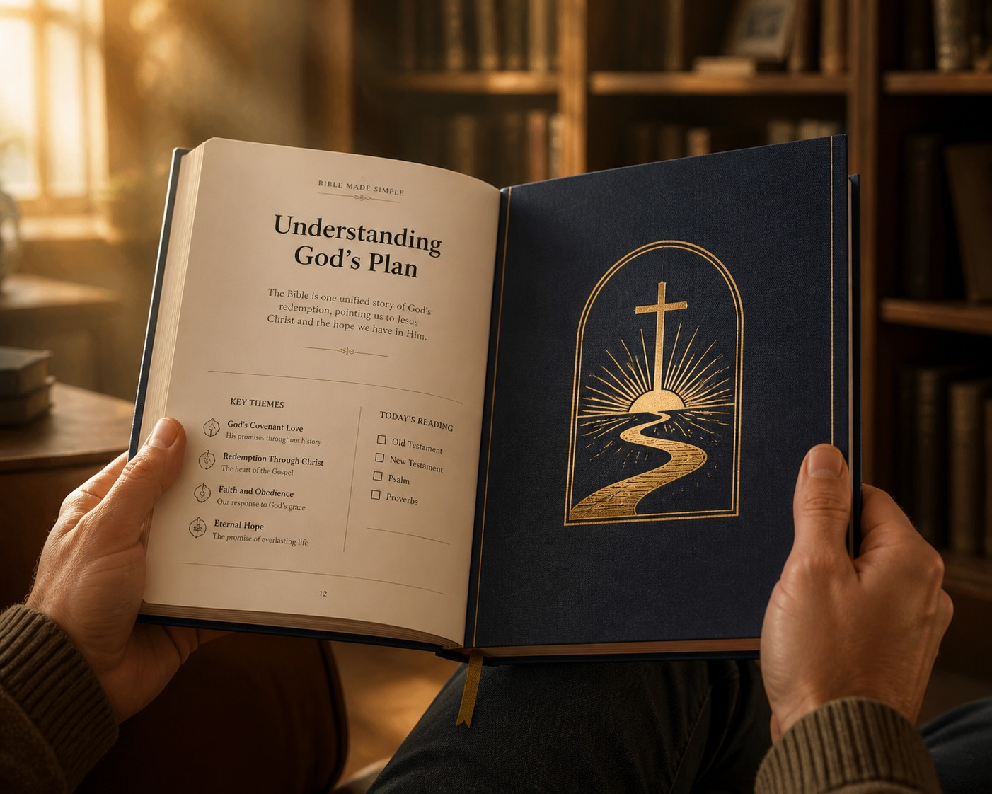 Hands holding the navy Bible Study Guides in a sunlit library