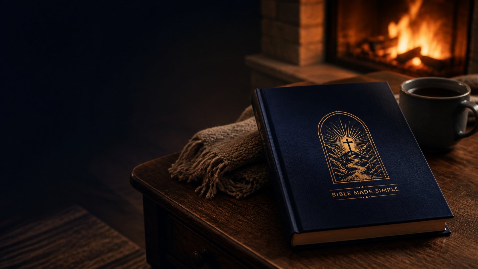 The navy Bible Study Guides by the fireplace with coffee