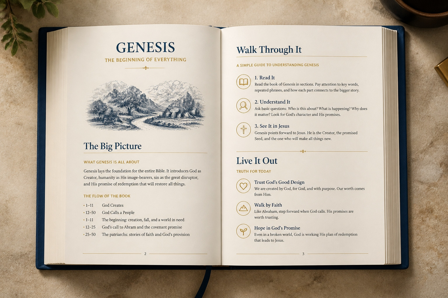 Inside a Covenant Path guide: an open spread showing the clear layout