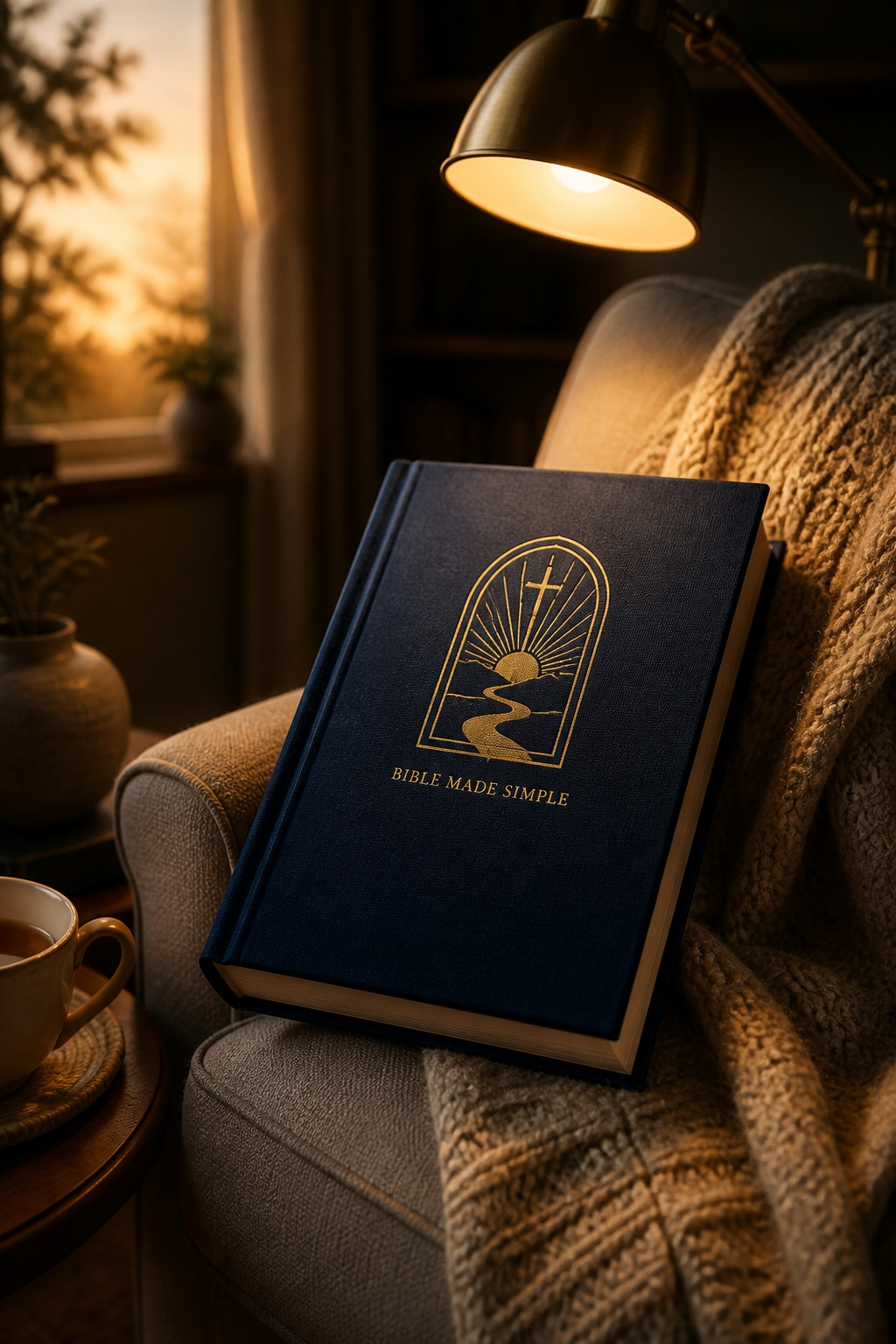 The navy Bible Study Guides in a cozy reading nook